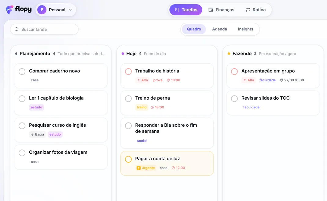 Quadro Kanban do Flopy com tarefas em Planejamento, Hoje e Fazendo