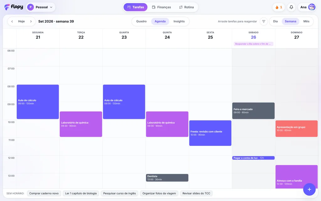 Agenda semanal do Flopy com aulas, treinos e compromissos em blocos de horário